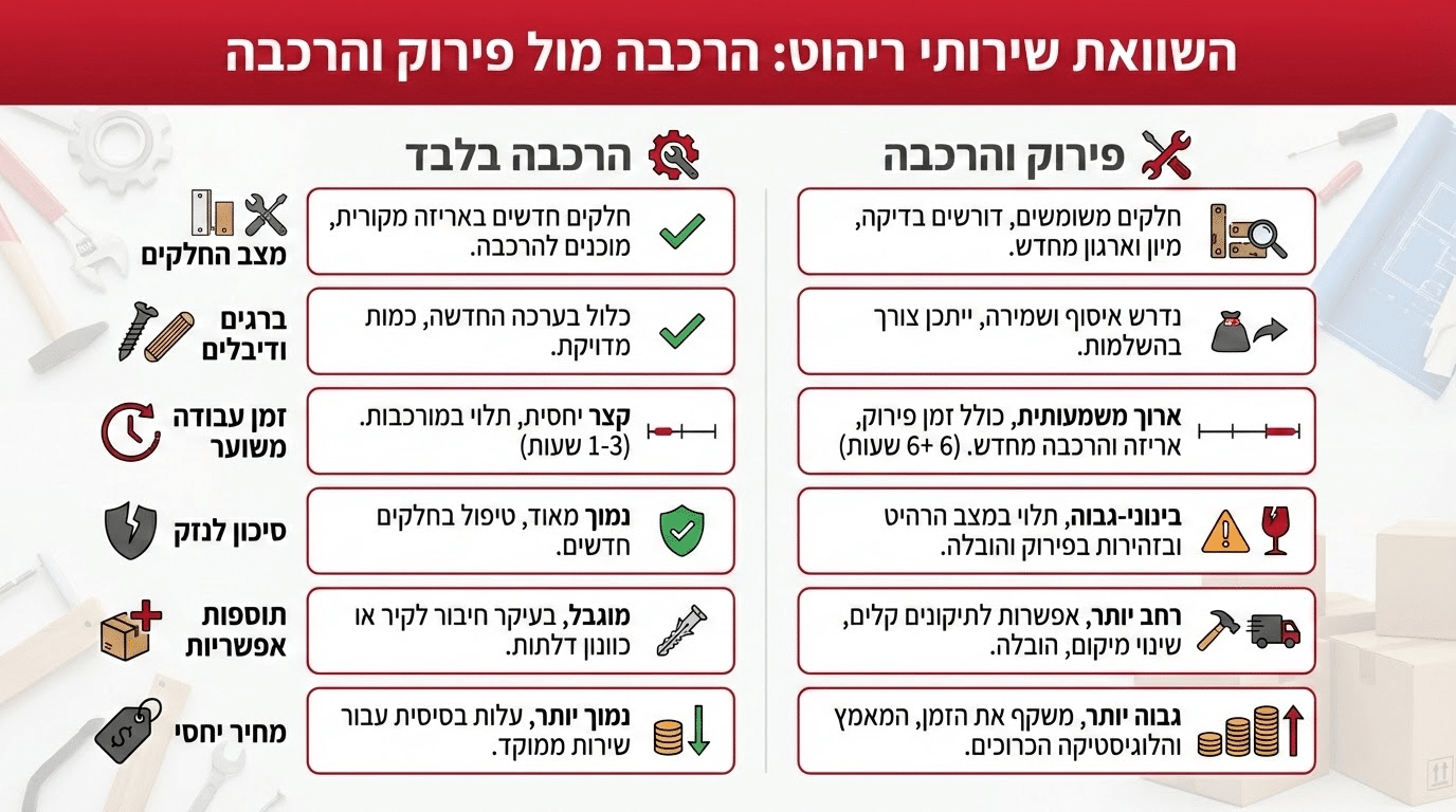 השוואה בין הרכבה בלבד לעומת פירוק והרכבה – ההבדלים שמשפיעים על המחיר