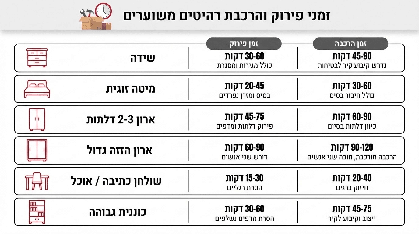 כמה זמן לוקח פירוק והרכבה – הערכות זמנים לפי סוג רהיט