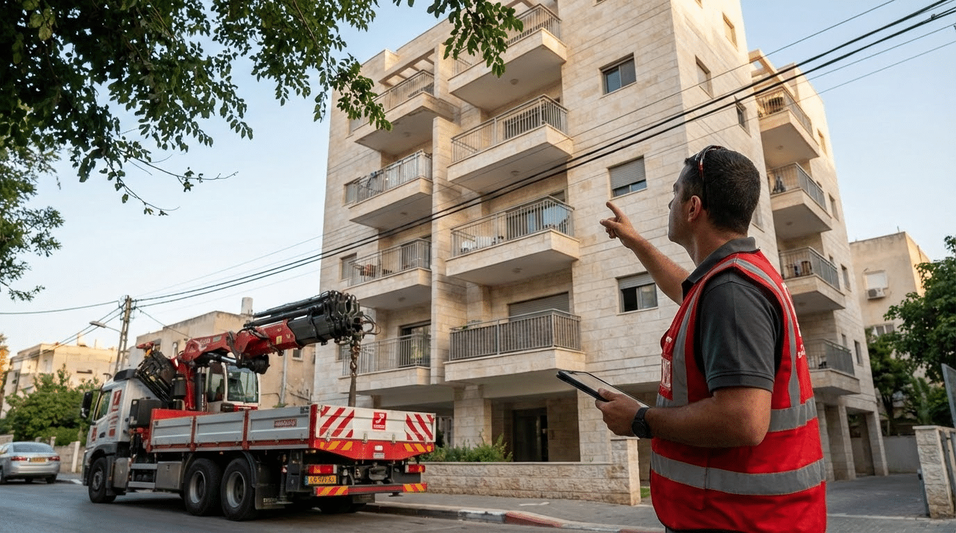 בדיקת מקום להצבת מנוף ליד בניין – שירותי מנוף אולימפוס הובלות