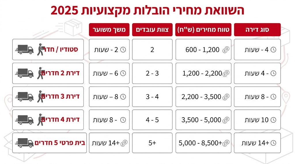 טבלה מסכמת של טווחי מחירים להובלת דירה לפי גודל ב-2025