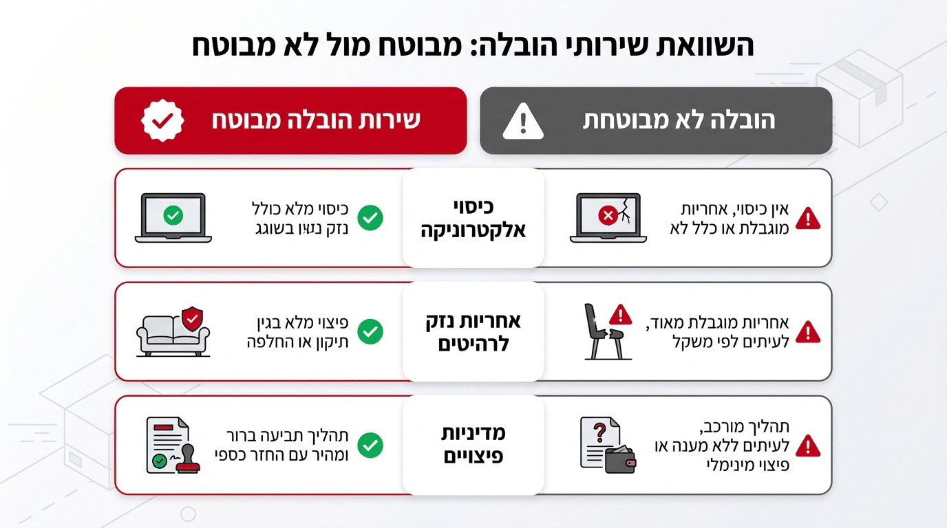 השוואה בין הובלה עם ביטוח לבין הובלה ללא כיסוי ביטוחי