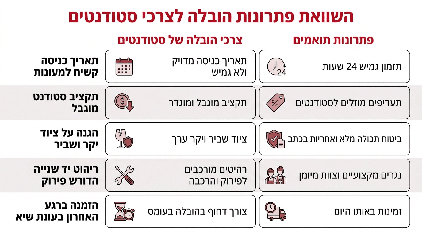 טבלה: מיפוי צרכי סטודנטים מול פתרונות הובלה בפועל